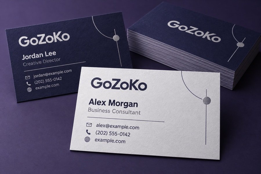 GoZoKo business card examples with names, job titles and fictional sample contact details