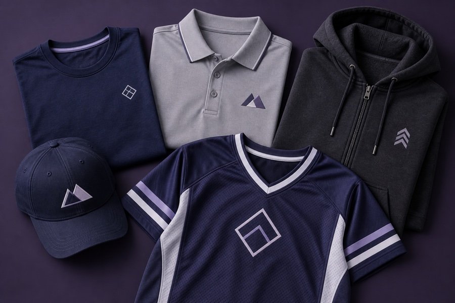 Illustrative collage of a T-shirt, polo, hoodie, cap, and team jersey