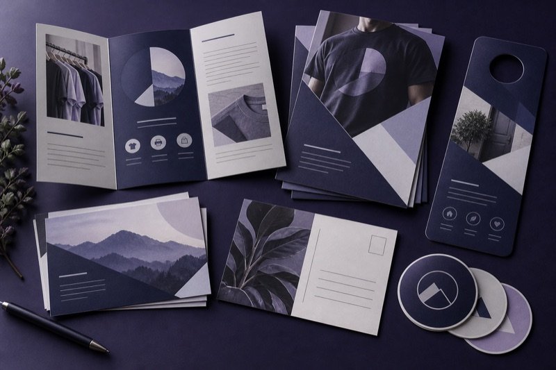 Collage of brochures, flyers, postcards, a door hanger and stickers