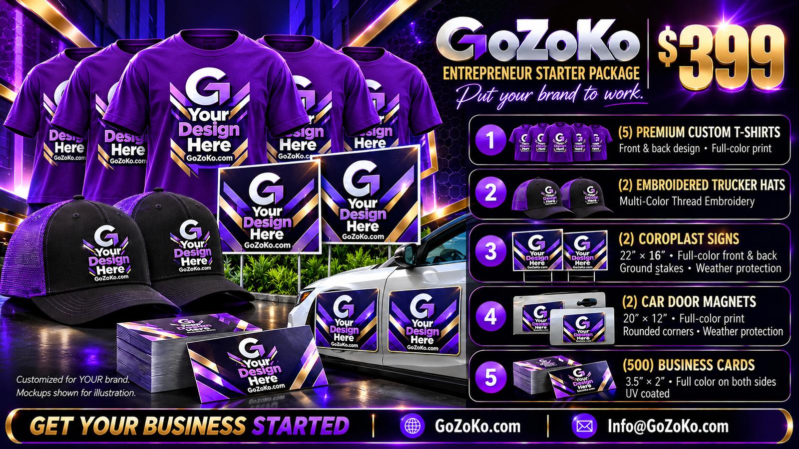 GoZoKo $399 Entrepreneur Starter Package: custom T-shirts, hats, signs, car magnets and business cards