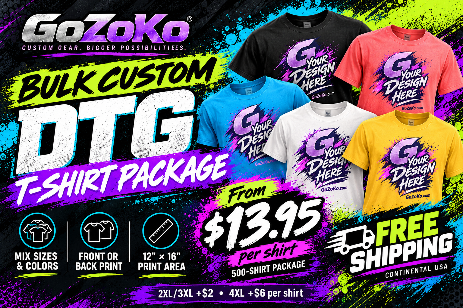 Bulk Custom DTG T-Shirt Package. From $13.95 per shirt for 500 shirts. Mix sizes and colors, front or back print, free continental USA shipping.